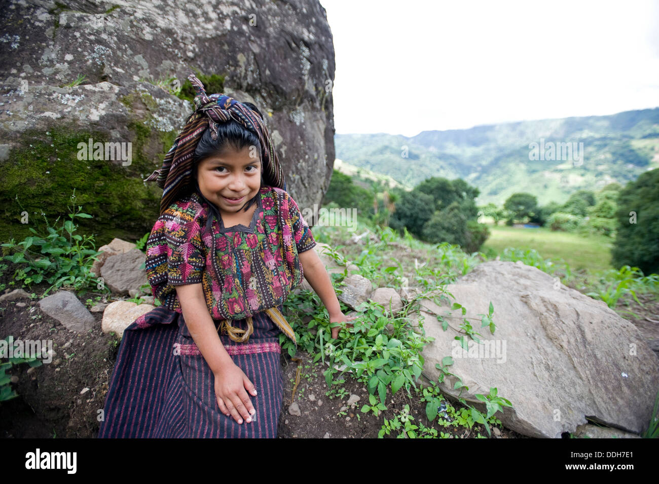 Guatemala indigenous girl in guipil and corte (maya traditional cloting) in Tiera Linda, Solola, Guatemala. Stock Photo
