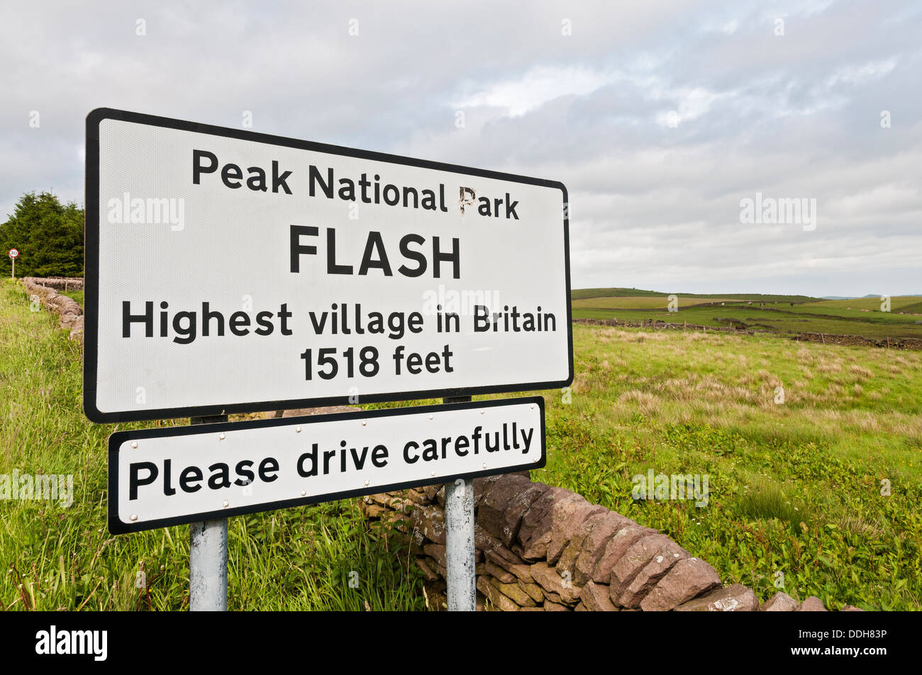 Great Britain, England, Staffordshire, Peak District, Flash Village, highest village in England sign Stock Photo