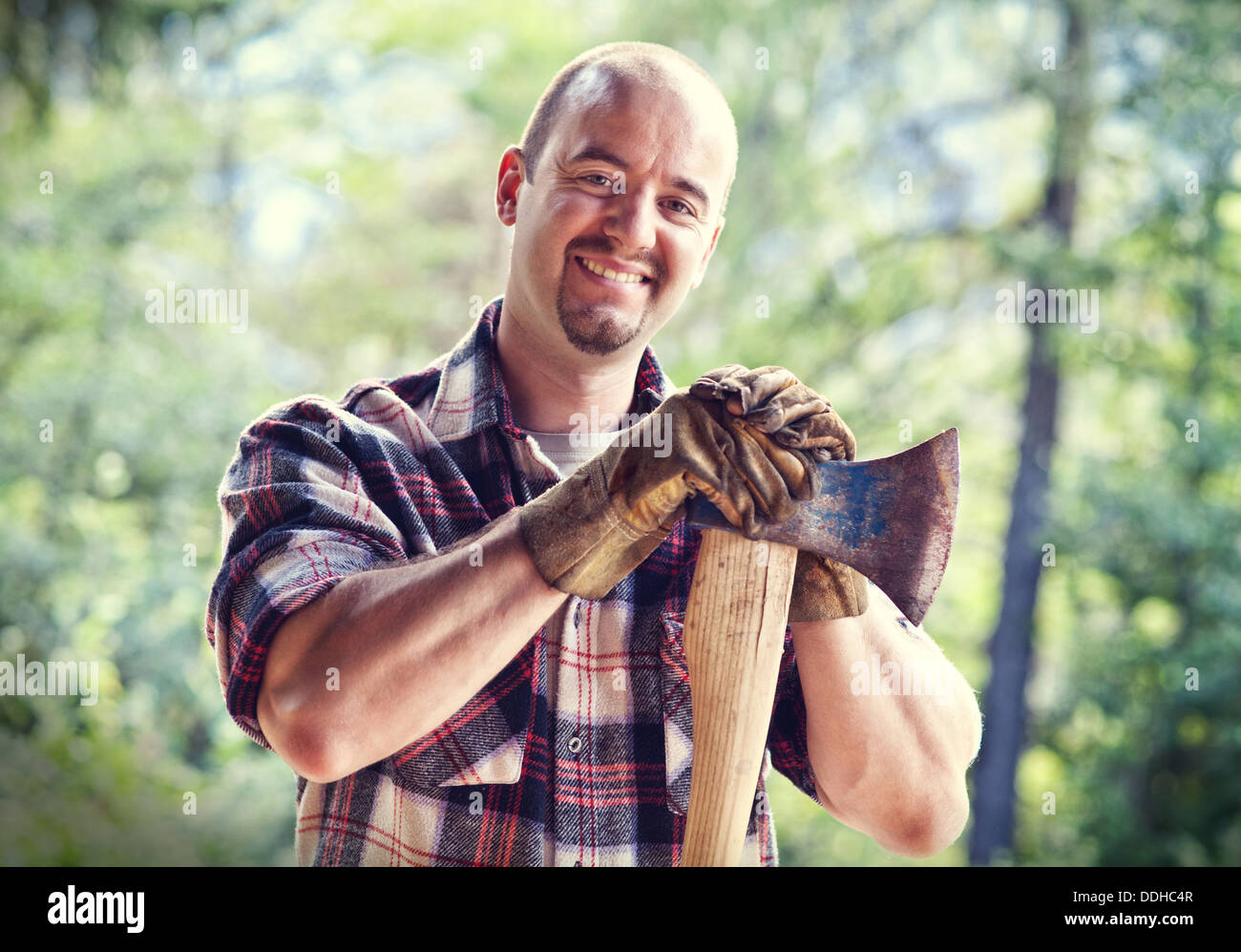 portrait of lumberjack in nature Stock Photo