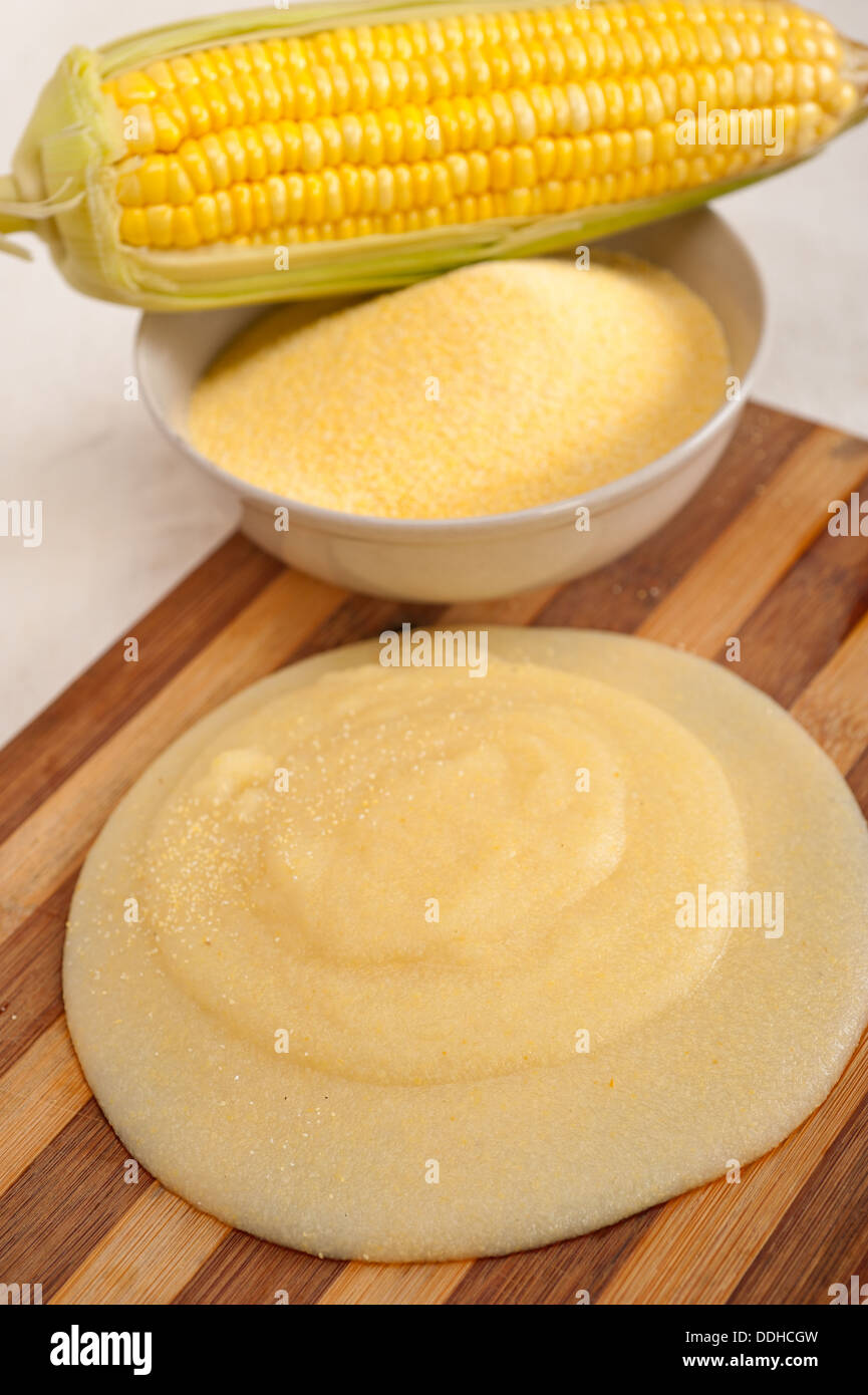 polenta traditional north Italy corn maize flour cream with cob Stock