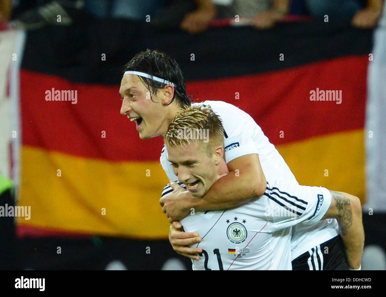 Germany's Marco Reus (bottom) celebrates his 4-1 with Mesut Oezil during UEFA EURO 2012 quarter- final soccer match Germany vs Greece at Arena Gdansk in Gdansk, Poland, 22 June 2012. Photo: Marcus Brandt dpa (Please refer to chapters 7 and 8 of http://dpaq.de/Ziovh for UEFA Euro 2012 Terms & Conditions) Stock Photo