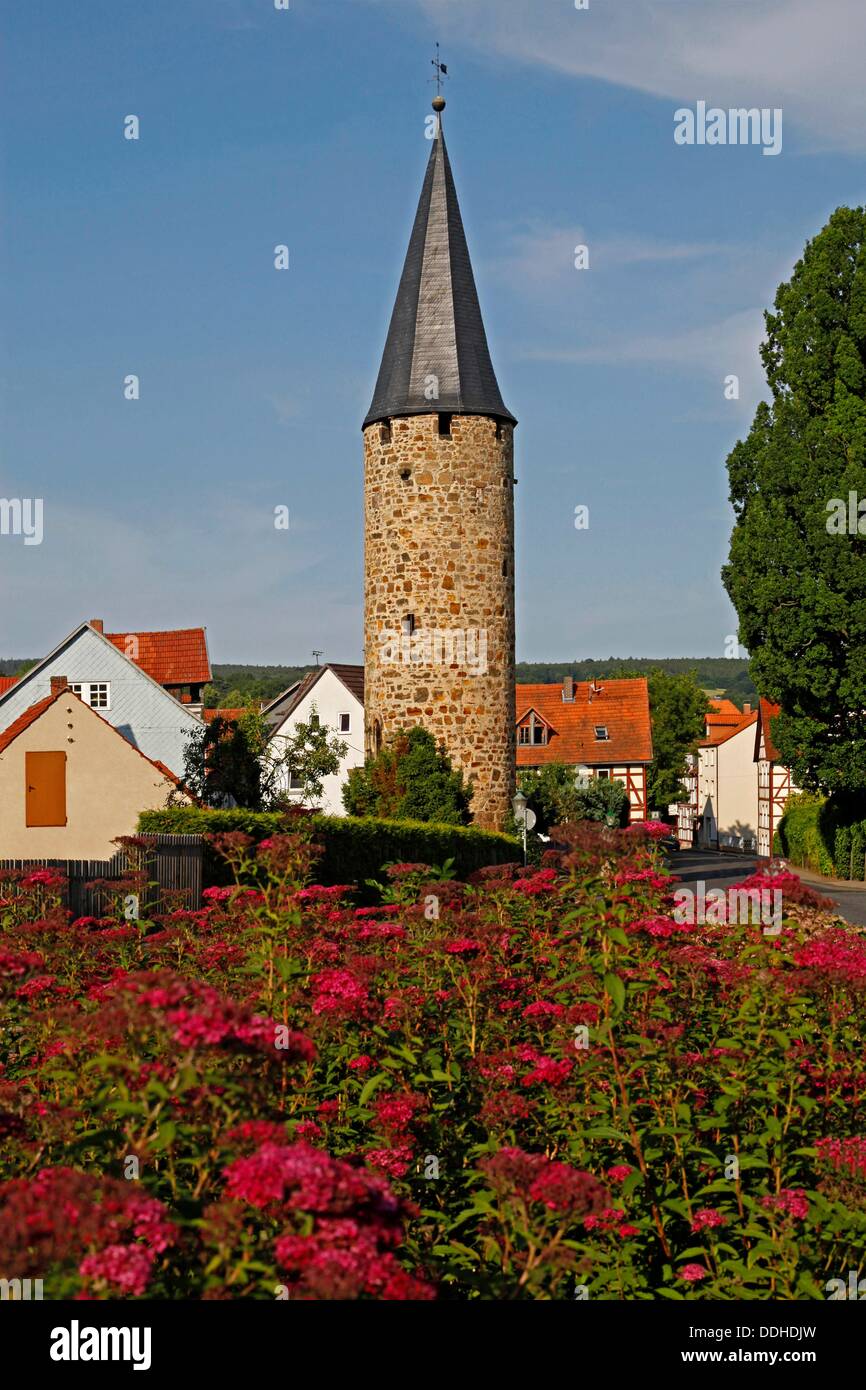 Owl Tower, built in 1556, Spangenberg, Schwalm-Eder district, Hesse, Germany  Tower of the city wall, sometimes called thief s tower, after 1690 home of the city servant, outstanding console indicate the amount of the battlements Stock Photo