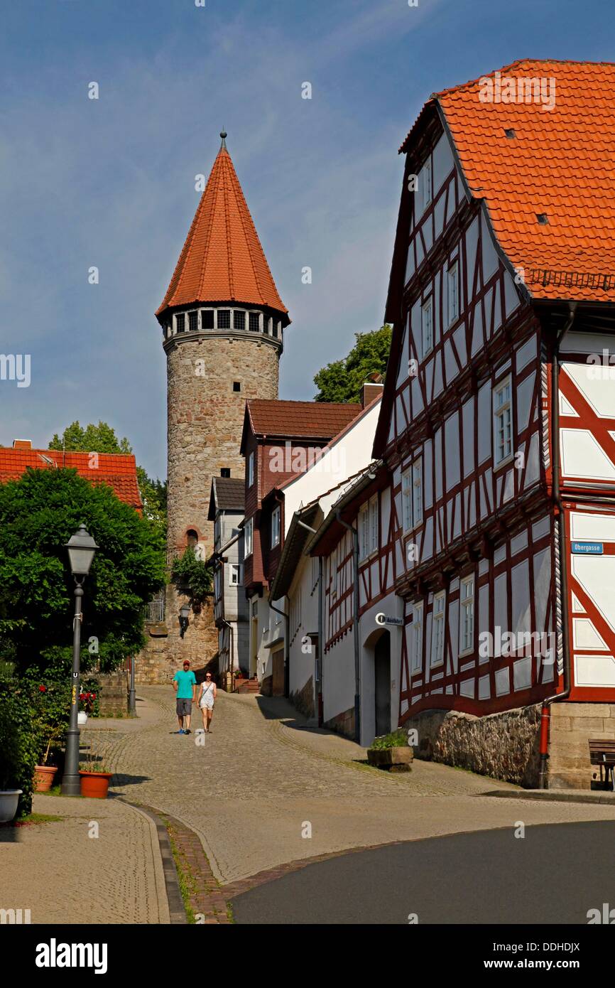 tower of the city wall, half-timbered house, Spangenberg, Schwalm-Eder district, Hesse, Germany Stock Photo