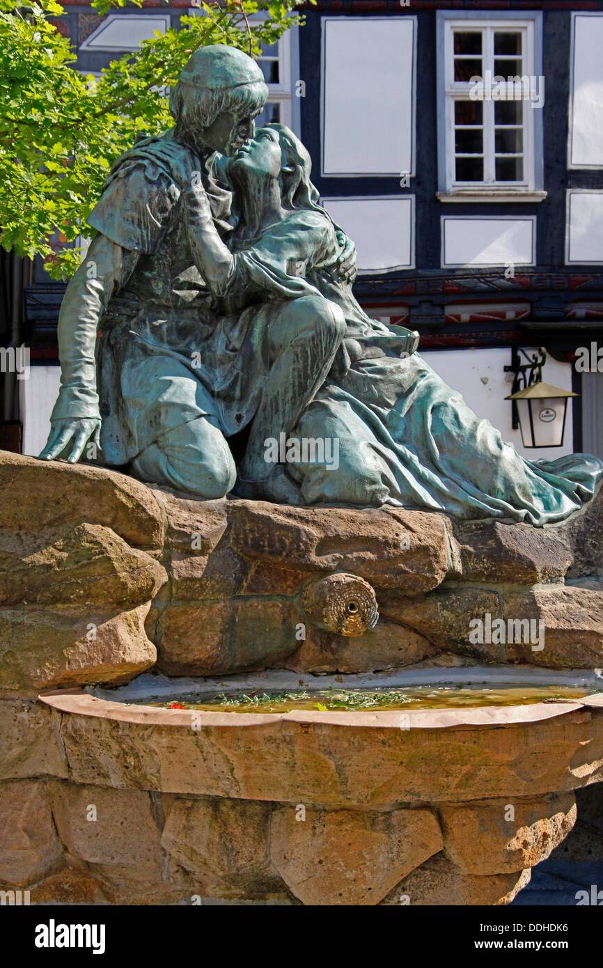 On top of the market place fountain of Spangenberg is the cast-iron monument of Kuno and Else. With other well preserved fountains it is part of the cityscape of Spangenberg and recalls a time, as often there was water shortage.  According to the legend of Stock Photo
