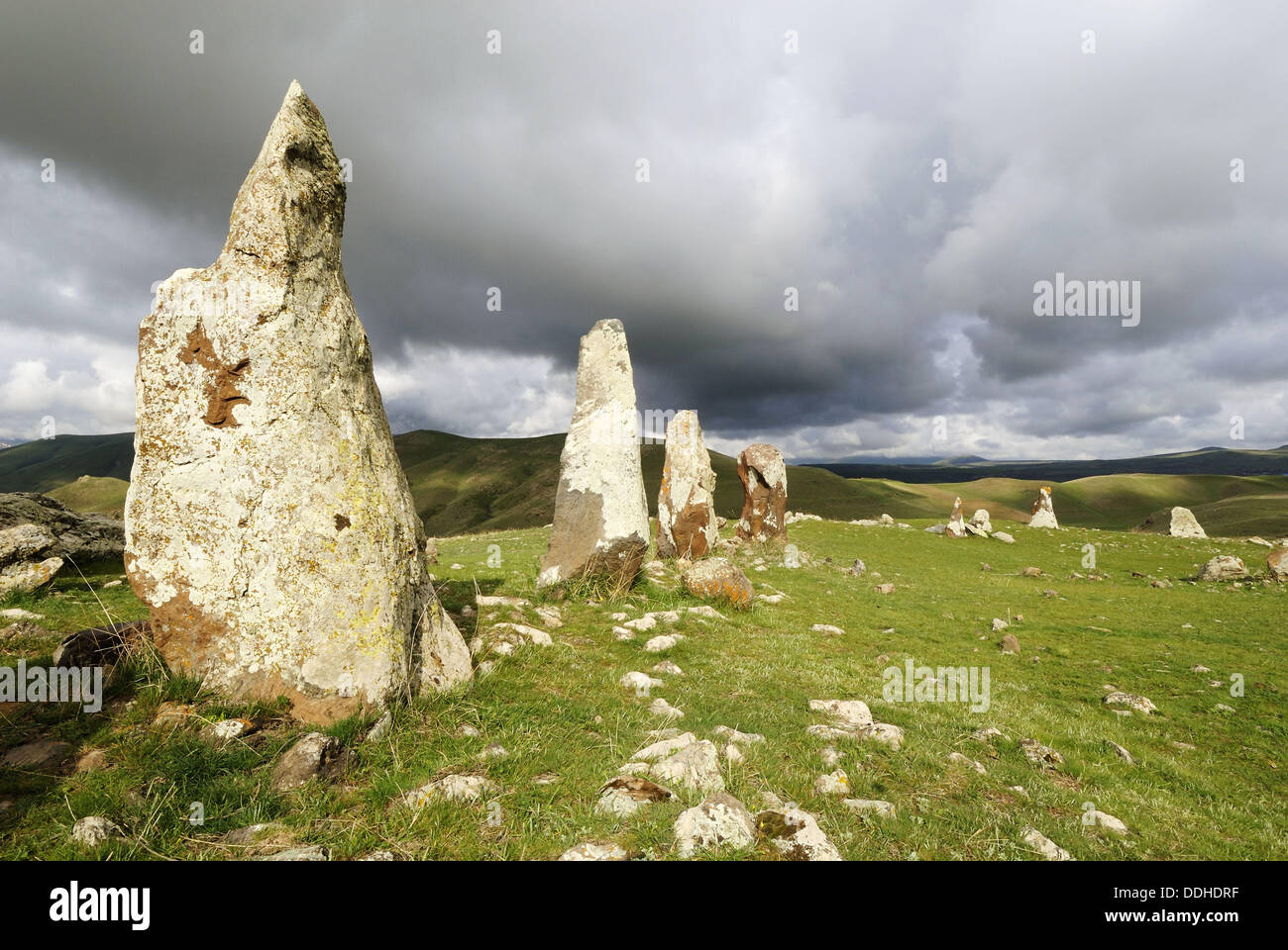 Zorats Karer, 6000 B.C. stoneage observatory, menhir of Karahunj, Cara Hunge, Armenia, Asia Stock Photo