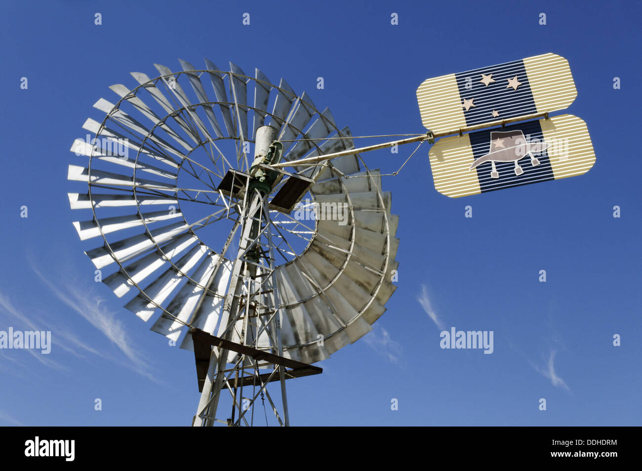 typical australian wind wheel, water pump, Winton, Queensland Outback, Australia Stock Photo