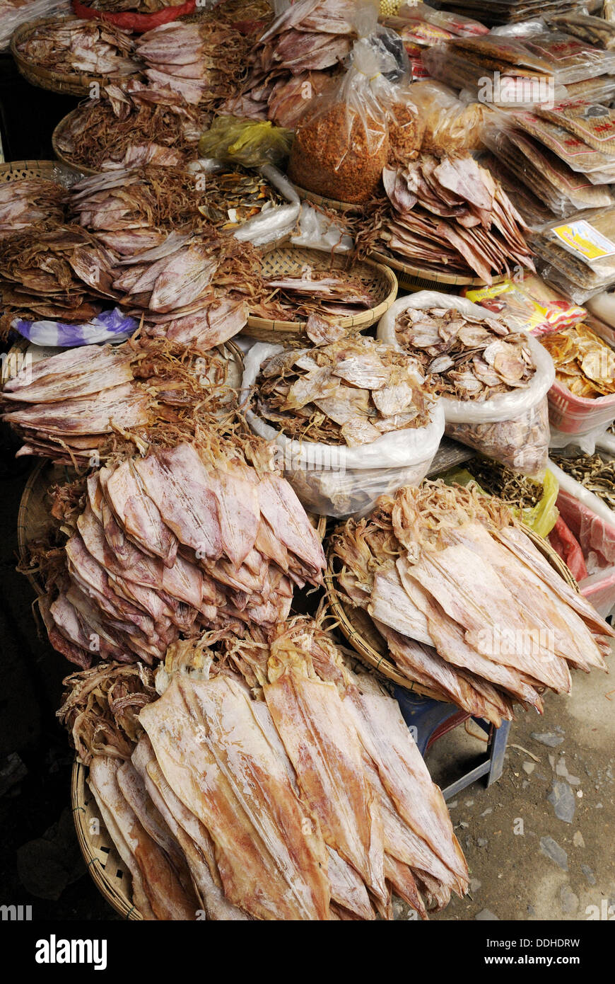 vietnamese food, dried squid, cuttle fish at the farmers market in Hoi