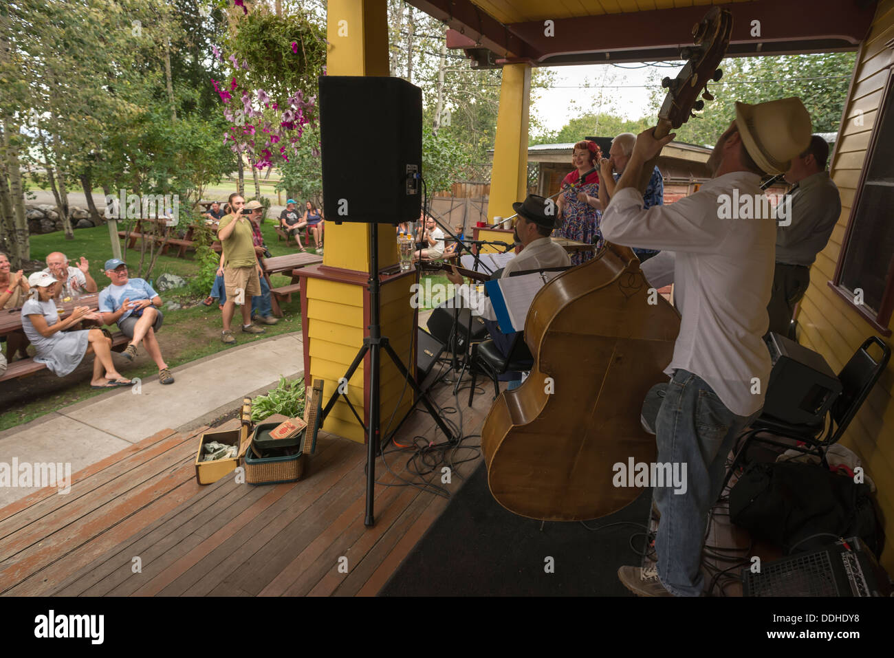 Band playing on the porch of the Terminal Gravity Brew Pub in Enterprise, Oregon. Stock Photo