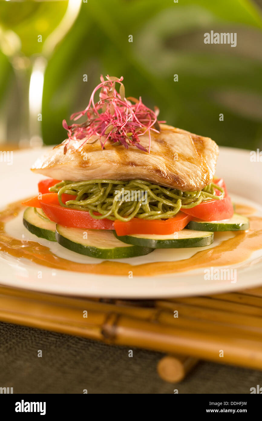 Hawaii Regional Cuisine, fine dining entree, fresh Mahimahi grilled