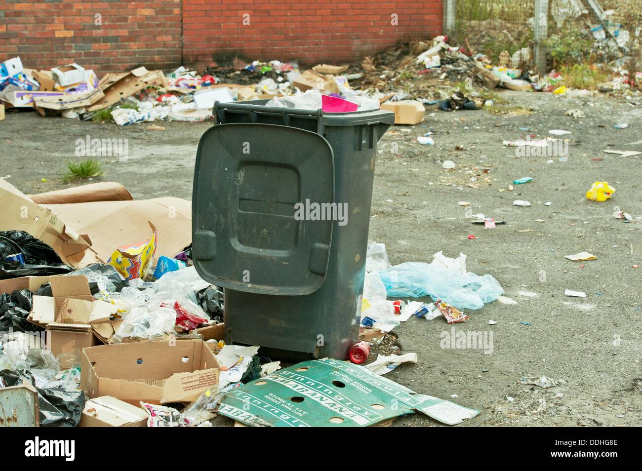 After the riot. Refuse bins turned over and emptied in the heat of the