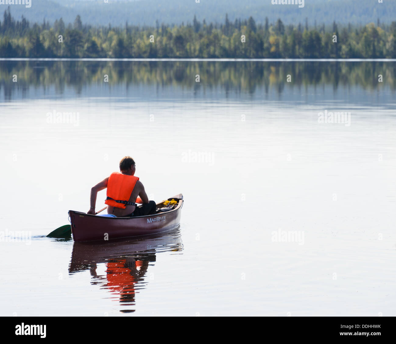 Person canoeing on lake, Purkijaur, Norrbotten, Sweden Stock Photo