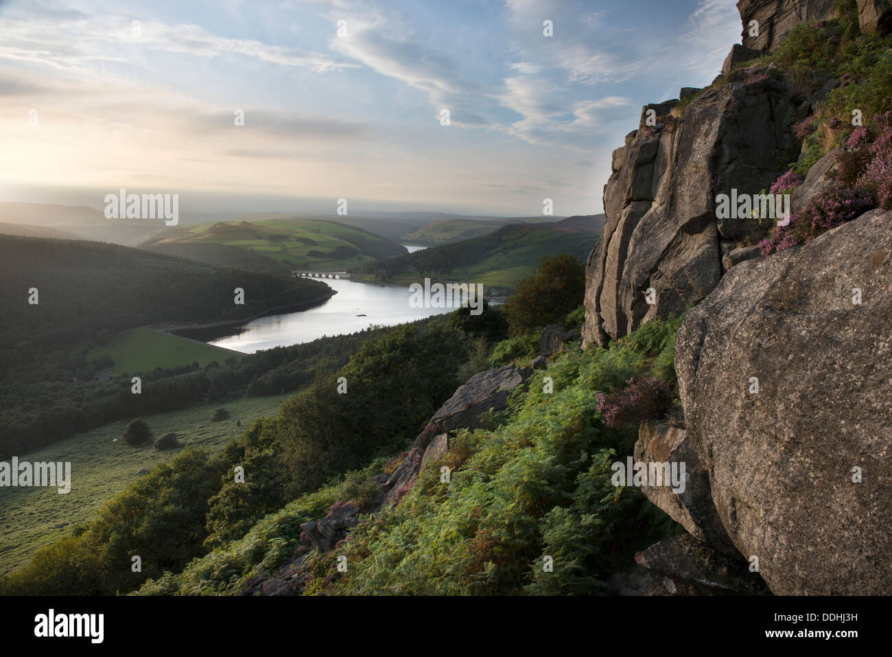 A view of Ladybower Reservoir and Derwent Reservoir, viewed from Bamford Edge, Peak District, Derbyshire Stock Photo