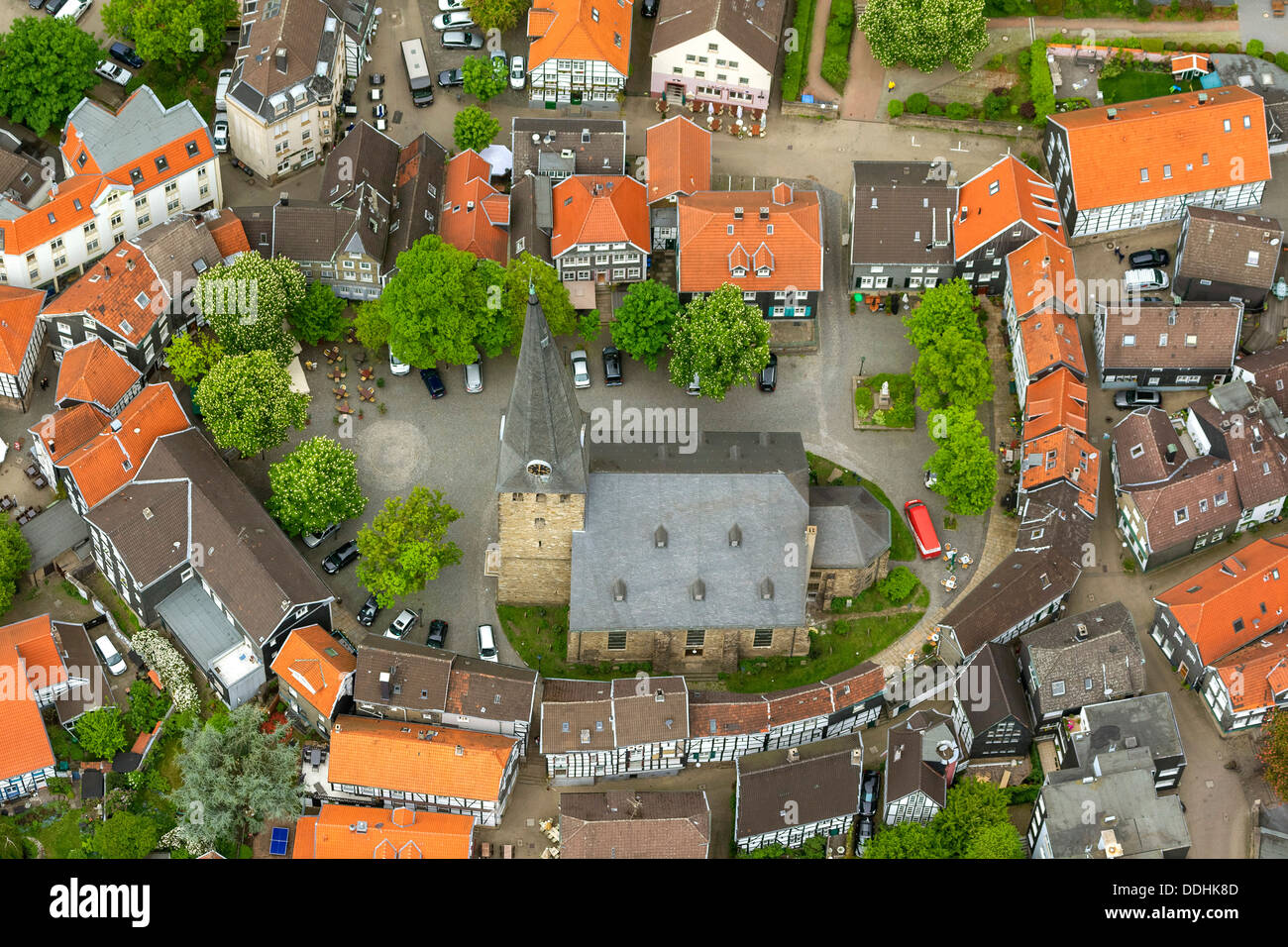 Aerial view, Kirchplatz square in the historic centre of Hattingen with the church of St. George Stock Photo