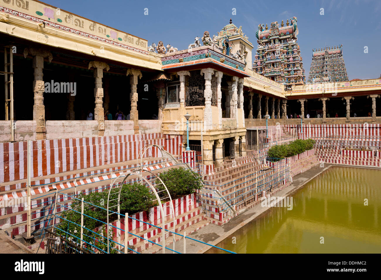 Red and white striped temple area, temple pond, Meenakshi Amman Temple or Sri Meenakshi Sundareswarar Temple Stock Photo