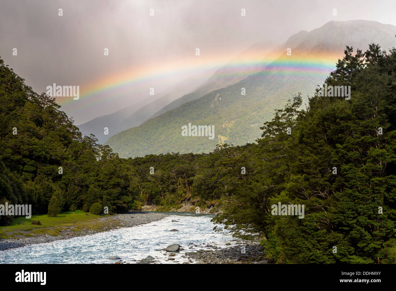 Makarora River with a rainbow Stock Photo