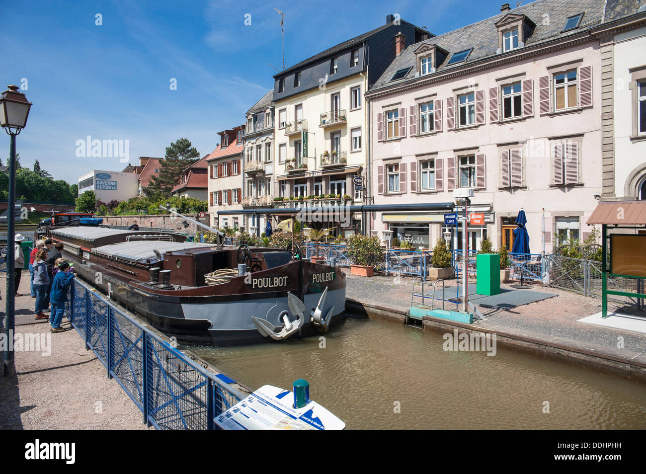 Barge at the lock of the Marne–Rhine Canal, Saverne, Département Bas-Rhin, Alsace, France Stock Photo