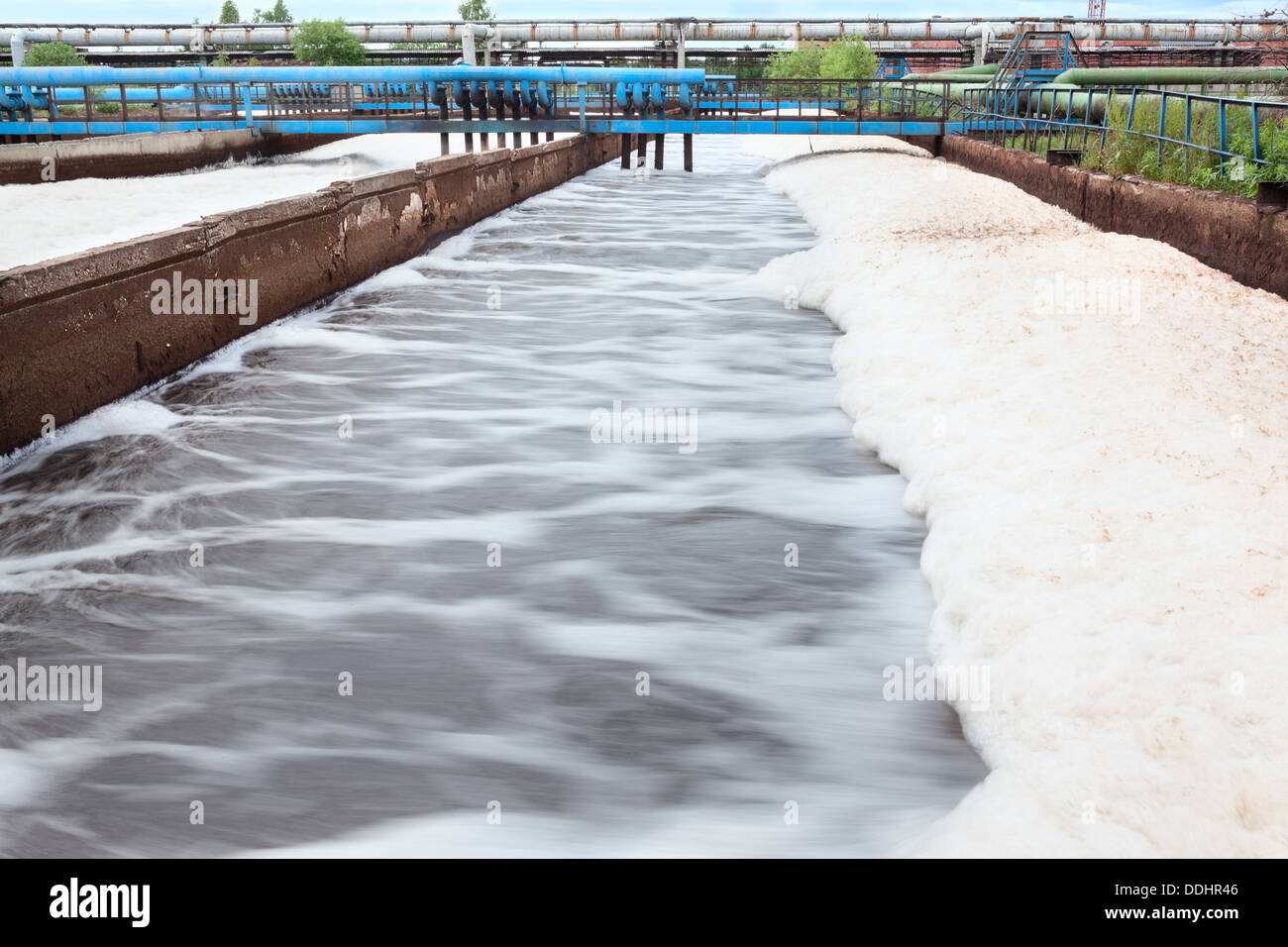 Volumes for oxygen aeration in wastewater treatment plant. Foam on