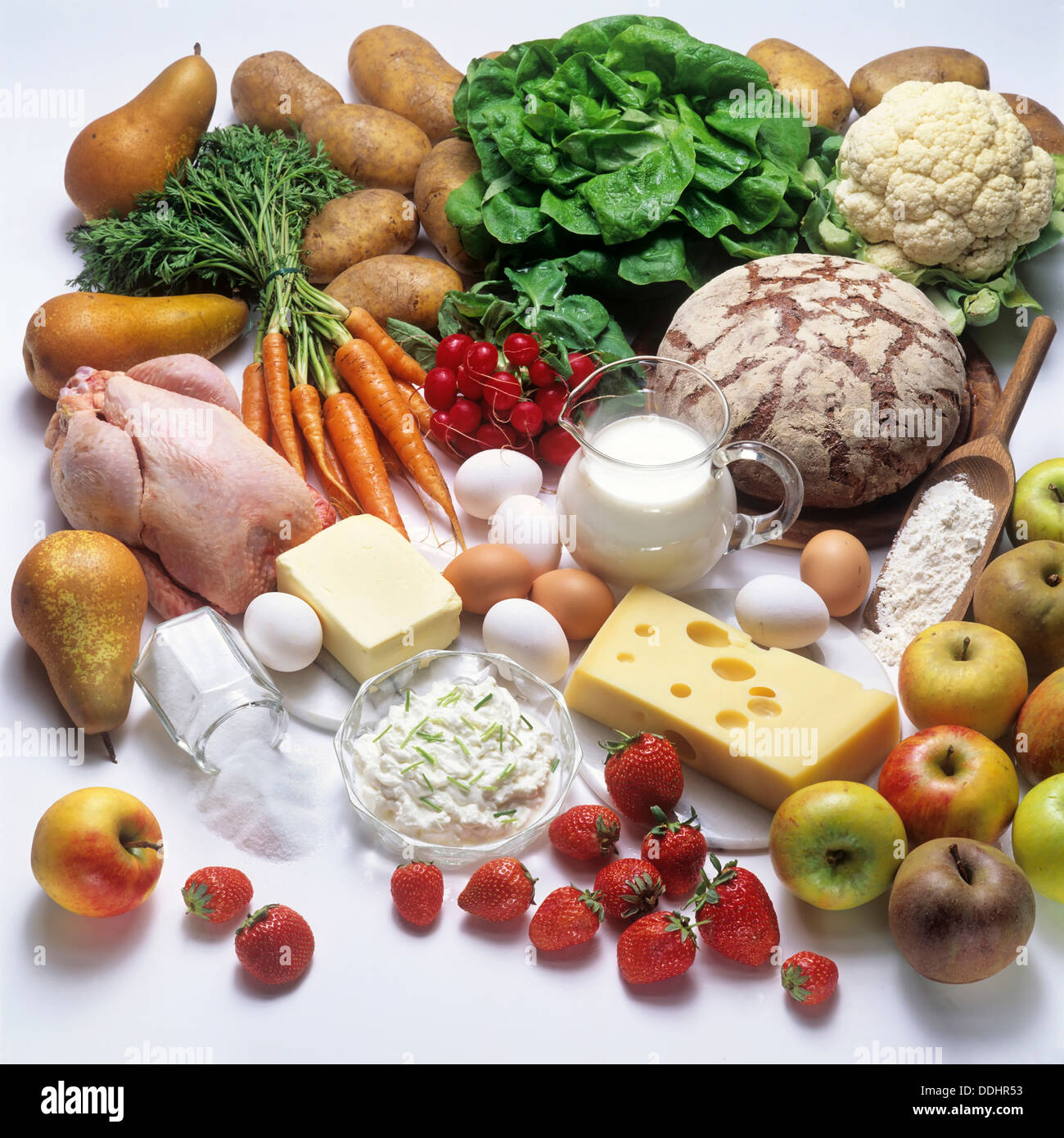 Fresh food, fruit, vegetables, bread, dairy products, eggs, poultry