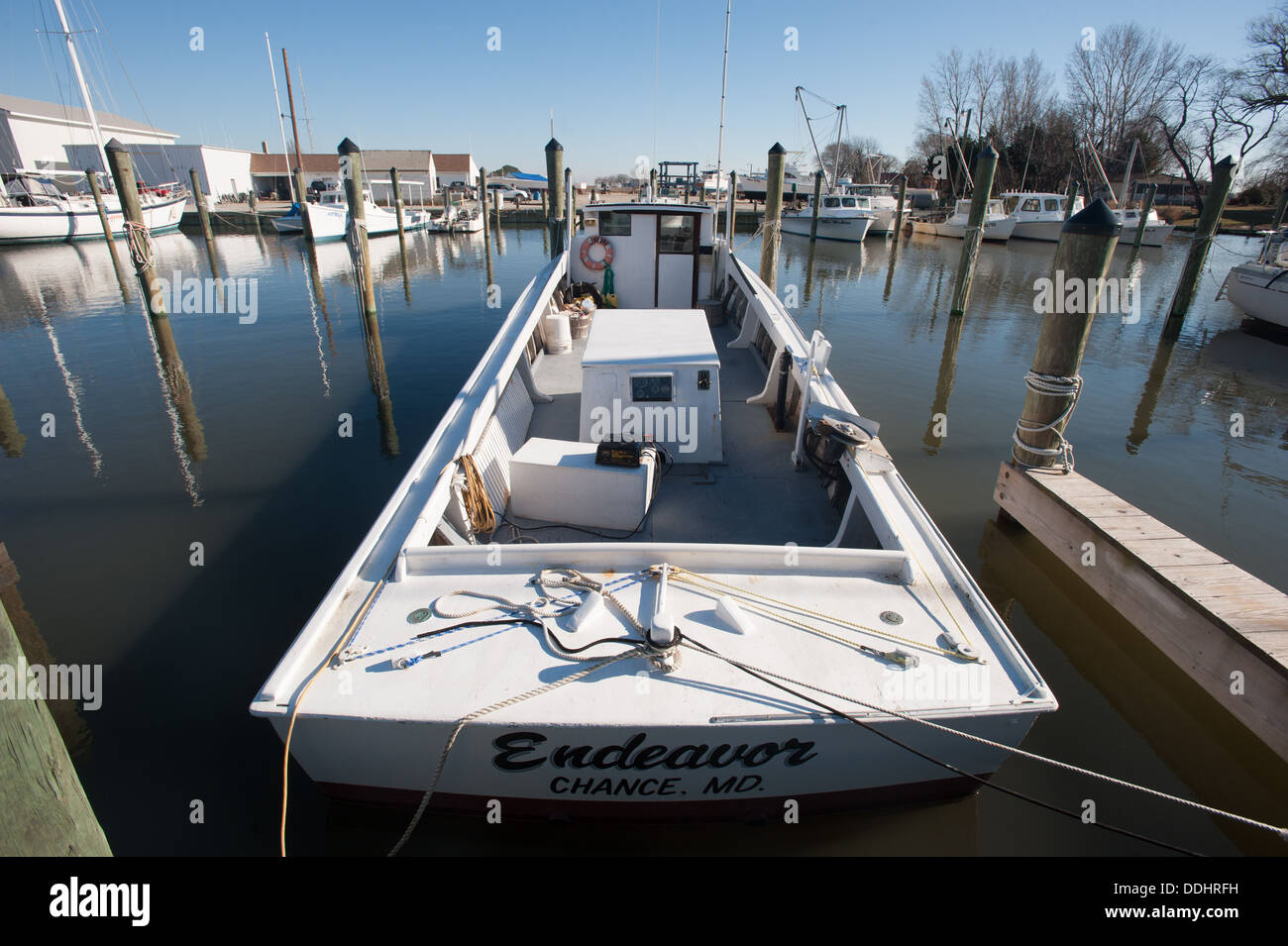 Boat docked in the Chesapeake Bay on Deale Island Stock Photo
