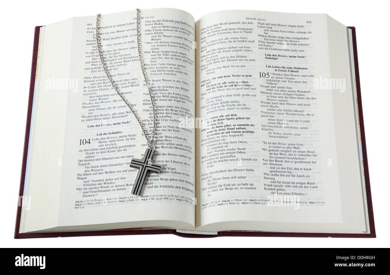 Bible with cross necklace on white background, close up Stock Photo
