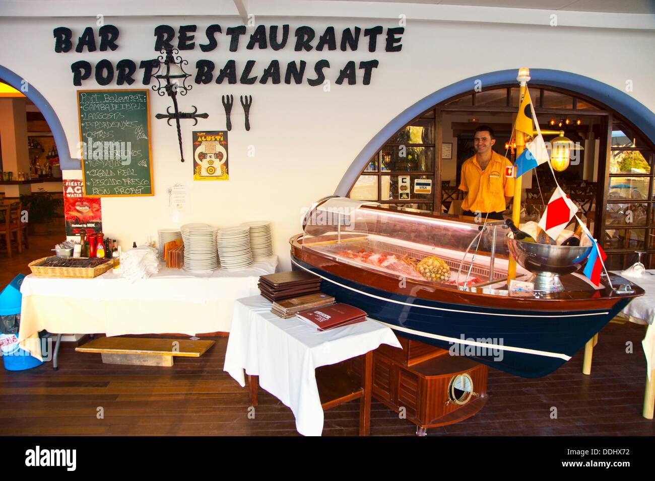 Port Balansat Restaurant. Port Sant Miquel. Ibiza. Balearic Islands. Spain  Stock Photo - Alamy
