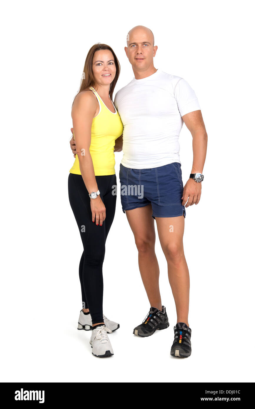Fitness couple posing isolated in white Stock Photo