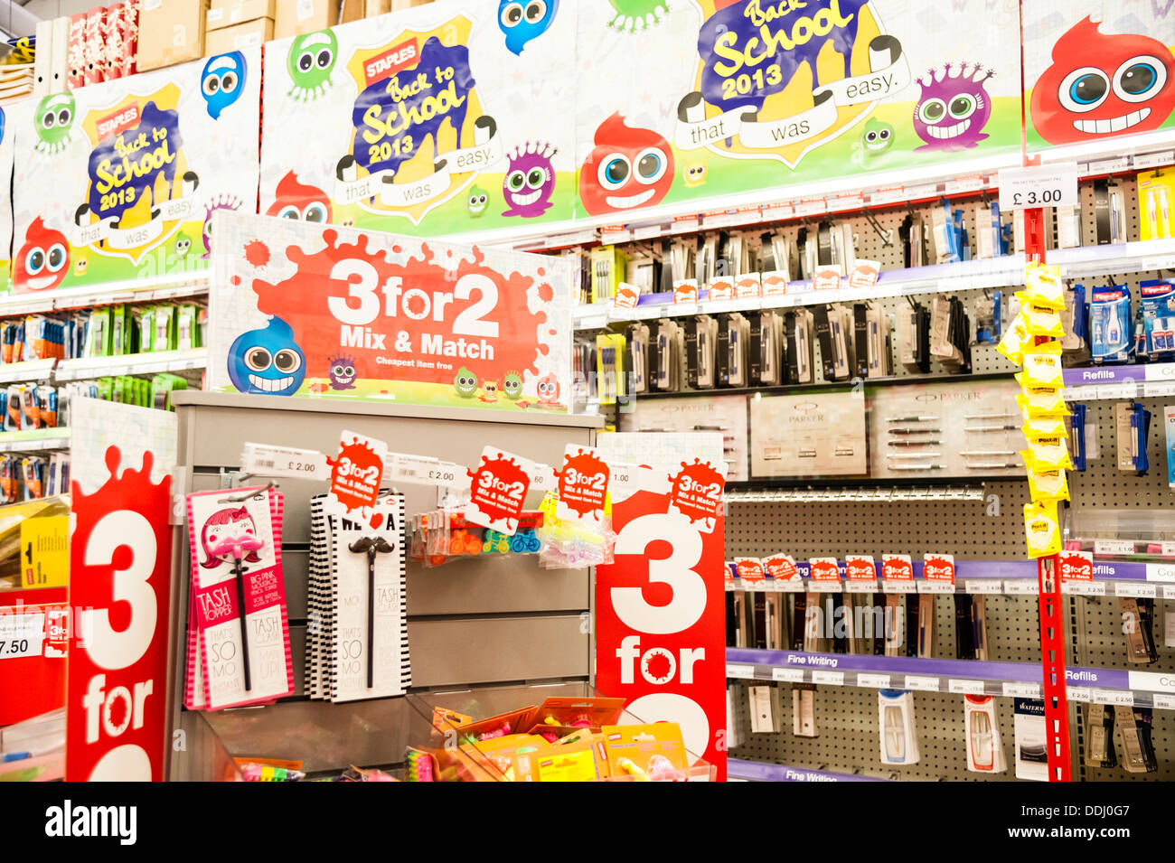 3 for 2 back to school stationery for sale in a Staples store, UK. Stock Photo