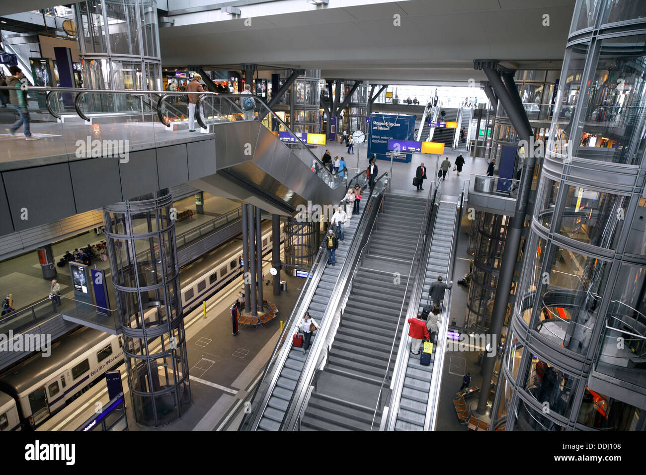 The striking multi-storey interior of the new(ish) Lehrter Bahnhof, Berlin's main railway station. Stock Photo