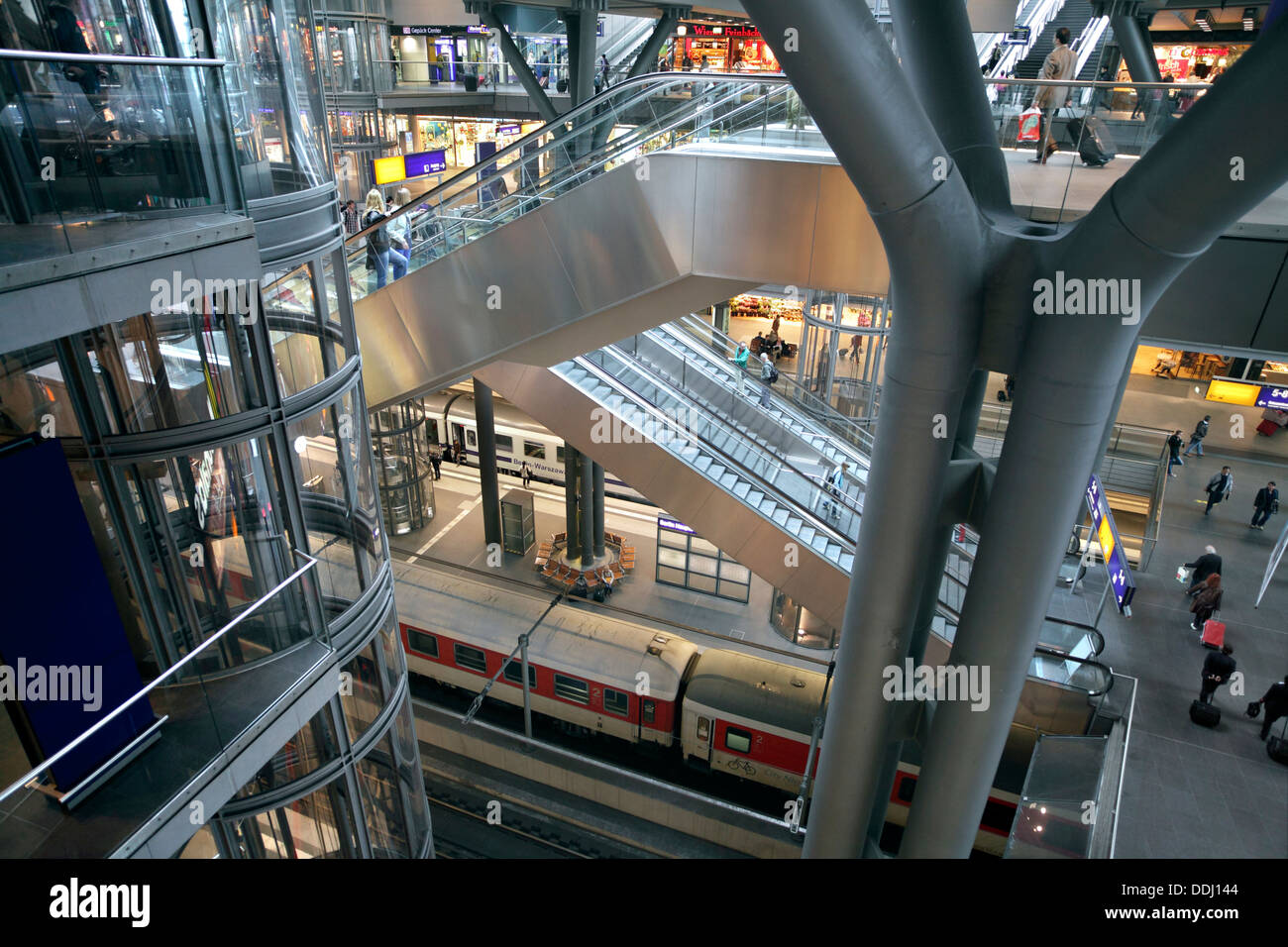 The striking multi-storey interior of the new(ish) Lehrter Bahnhof, Berlin's main railway station. Stock Photo