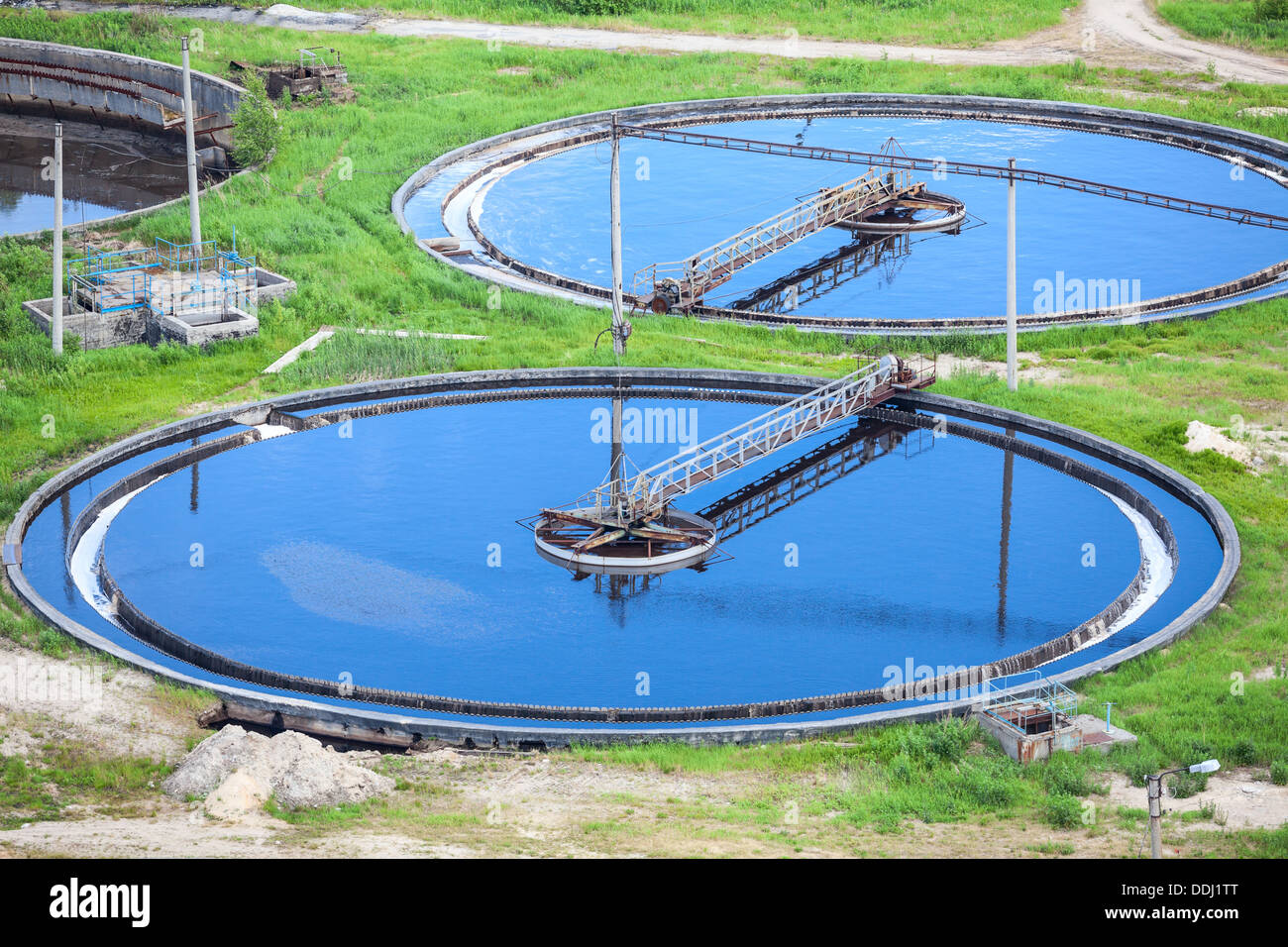 Blue water in an industrial wastewater treatment circular settlers