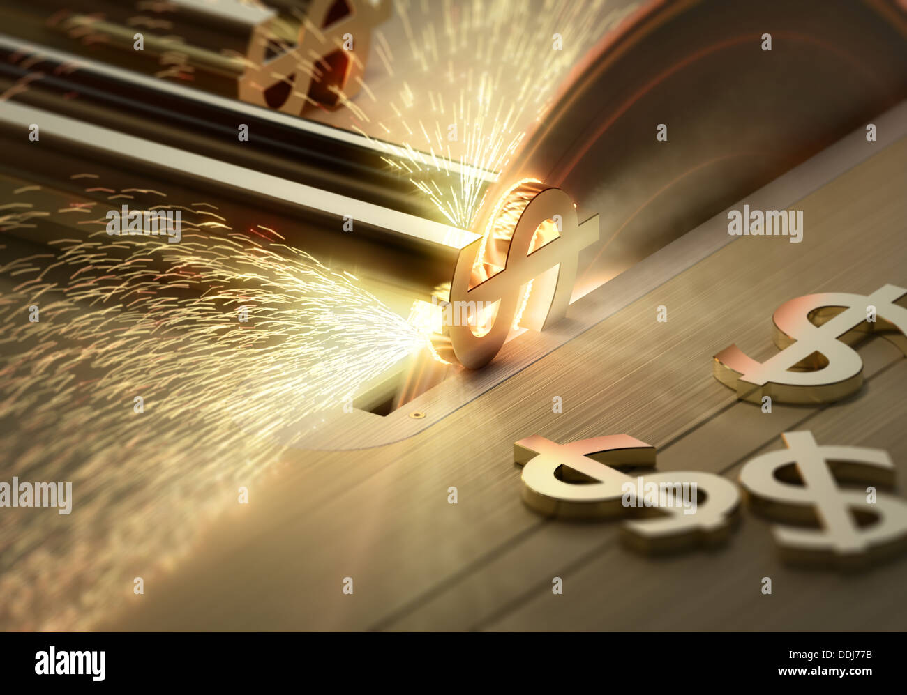 Making Money - Conceptual - Table saw cutting dollar signs - 3d render with motion blur and selective focus Stock Photo