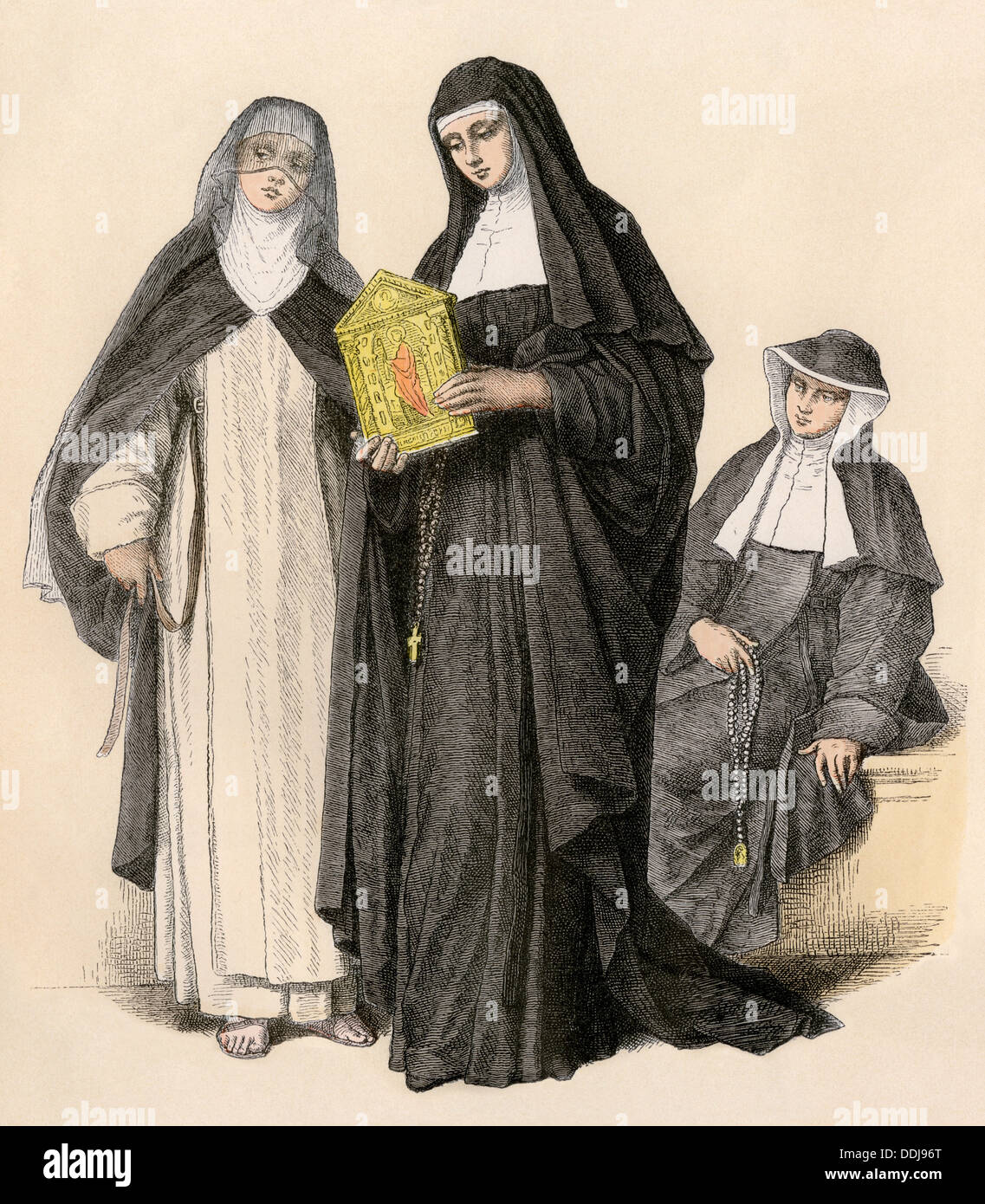 Augustinian nuns, late 1700s. Hand-colored print Stock Photo