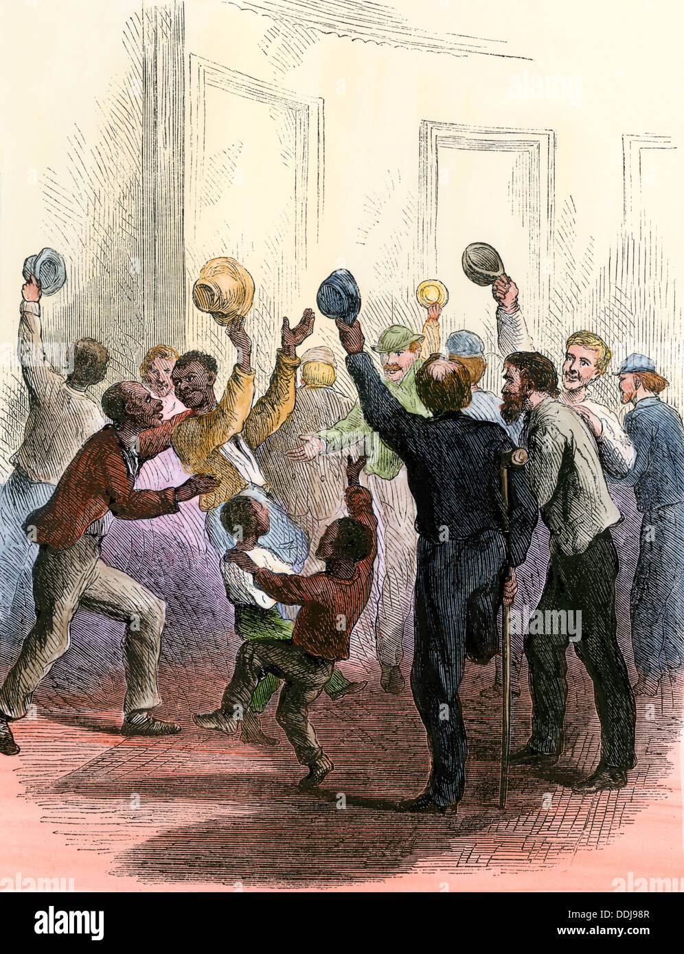 Citizens cheering inside the Capitol as the US Congress passes the 14th Amendment, 1866 (ratified 1868). Hand-colored woodcut Stock Photo