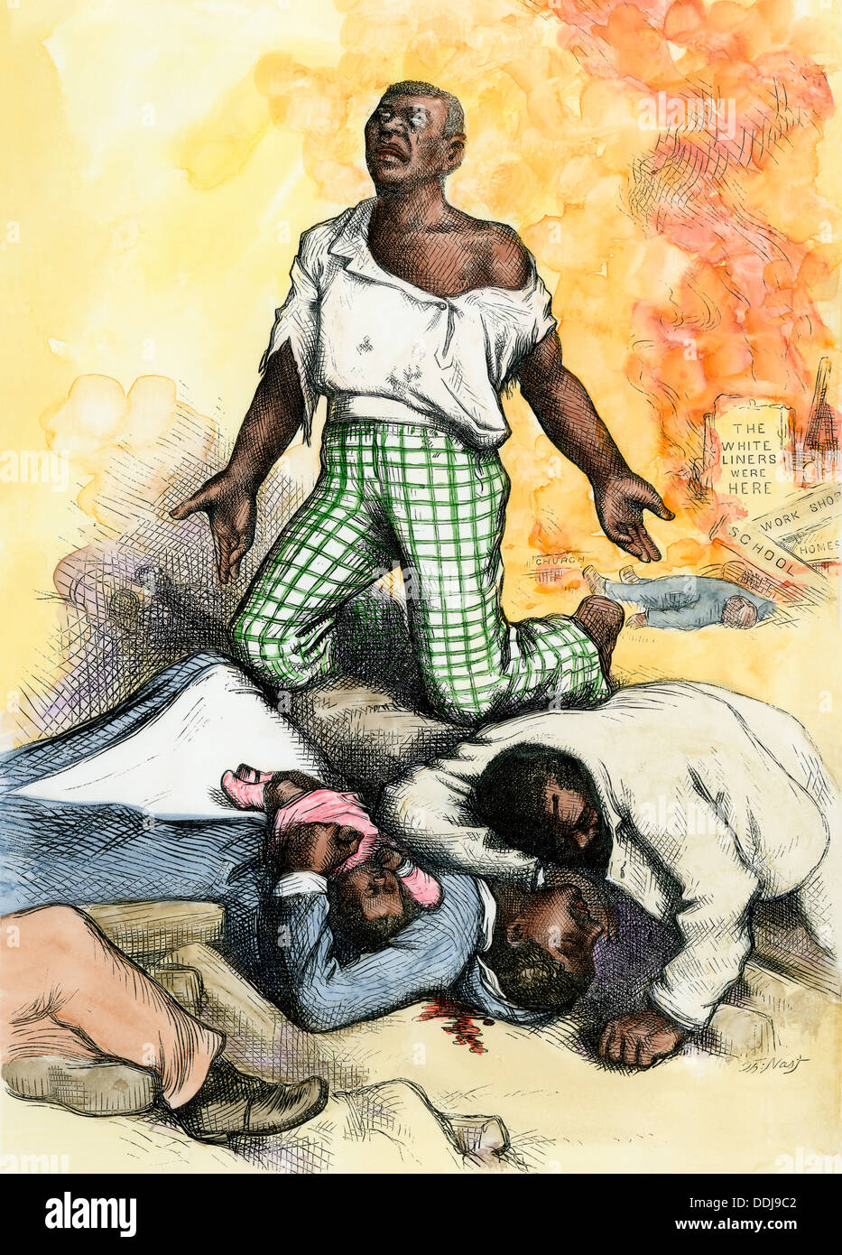 'Is this equal protection of the law?' cartoon against white attacks on black citizens, 1876. Hand-colored woodcut of a Thomas Nast cartoon Stock Photo