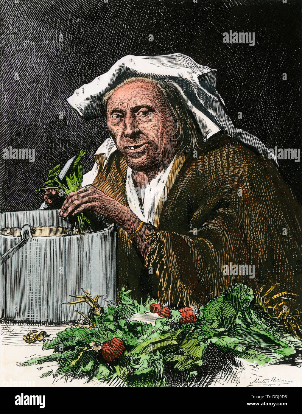 Italian-American grandmother preparing soup for supper, New York City, 1870s. Hand-colored woodcut Stock Photo