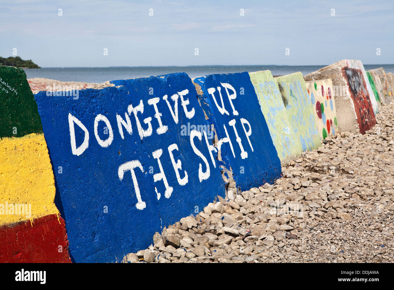 The words 'Don't Give Up the Ship' are seen painted on a rock in Put-In-Bay on South Bass Island, Ohio Stock Photo
