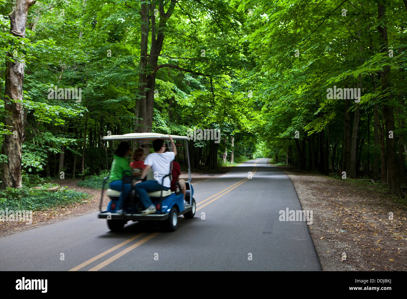 A golf cart is pictured on a rural road in Kelleys Island, Ohio Stock
