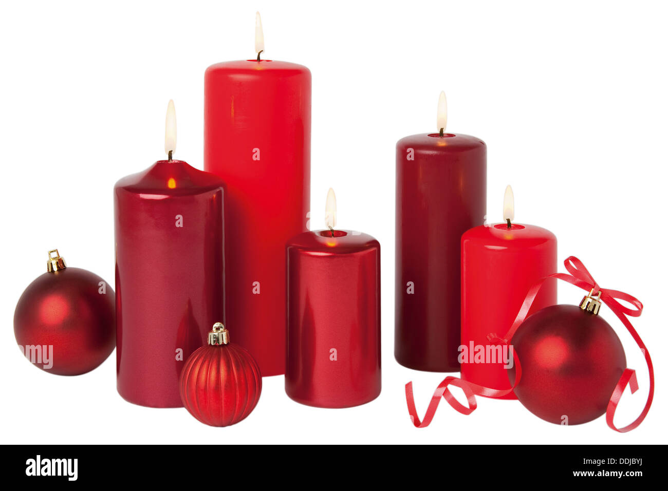 Candles and christmas decoration on white background, close up Stock Photo