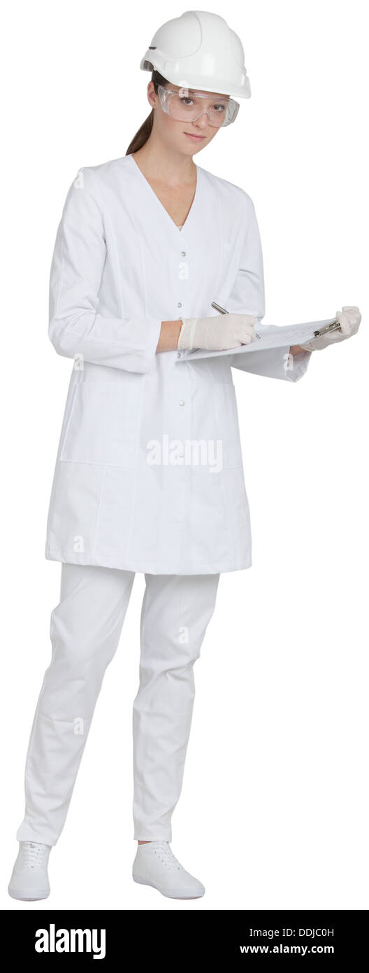 Young woman holding clip board with pen Stock Photo
