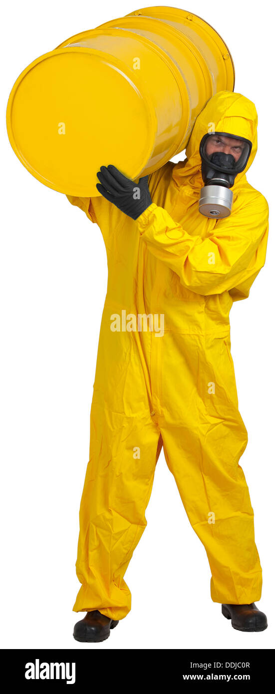 Mature man in yellow protective suit carrying ton Stock Photo