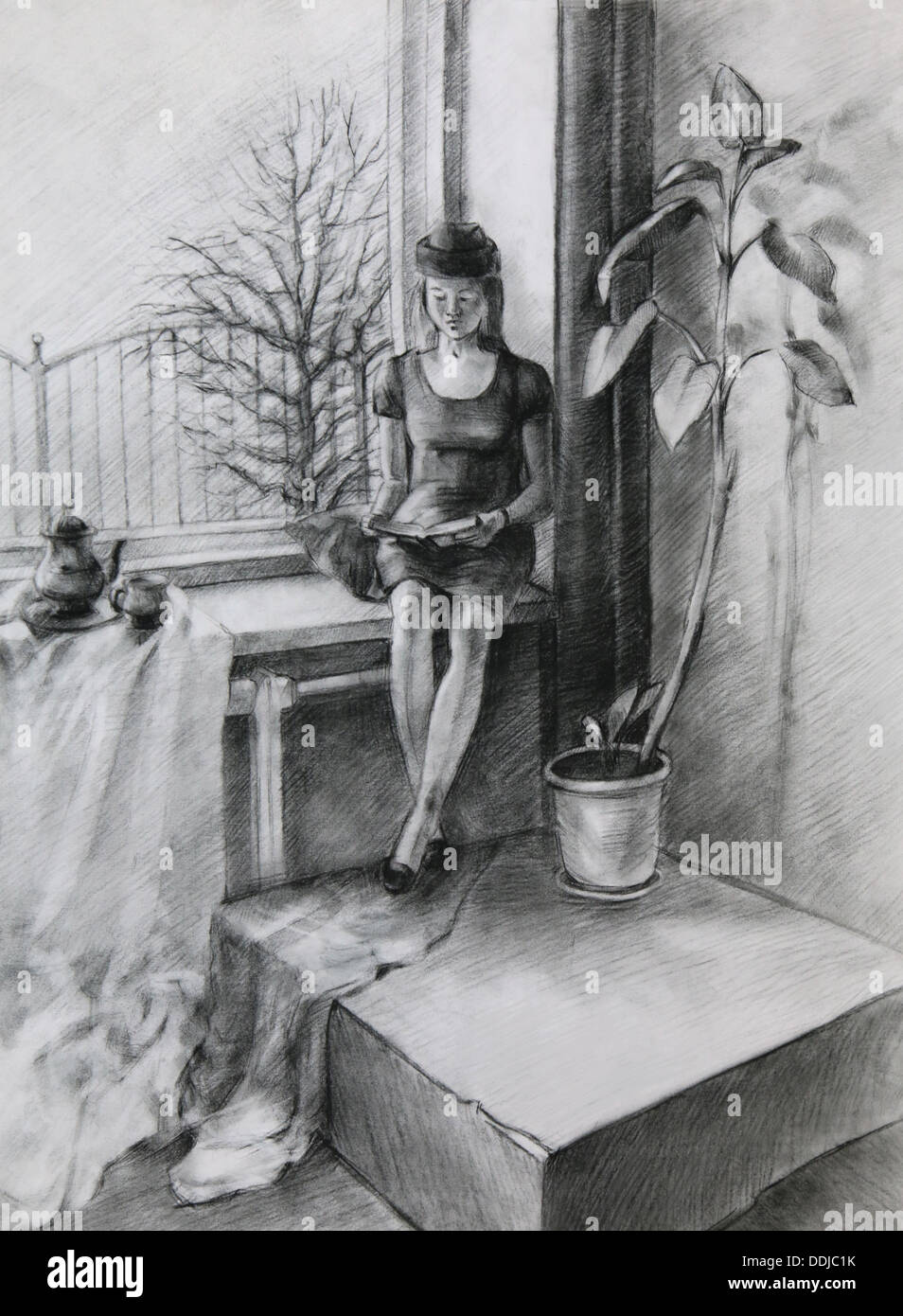 Art pencil drawing reading hi-res stock photography and images - Alamy