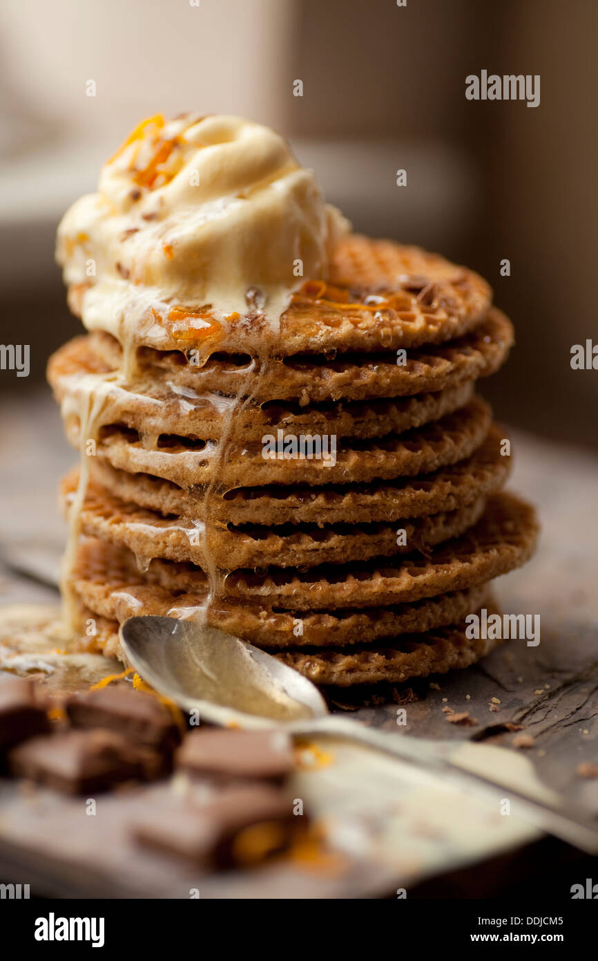 Honey Waffles with Ice-cream. Stock Photo