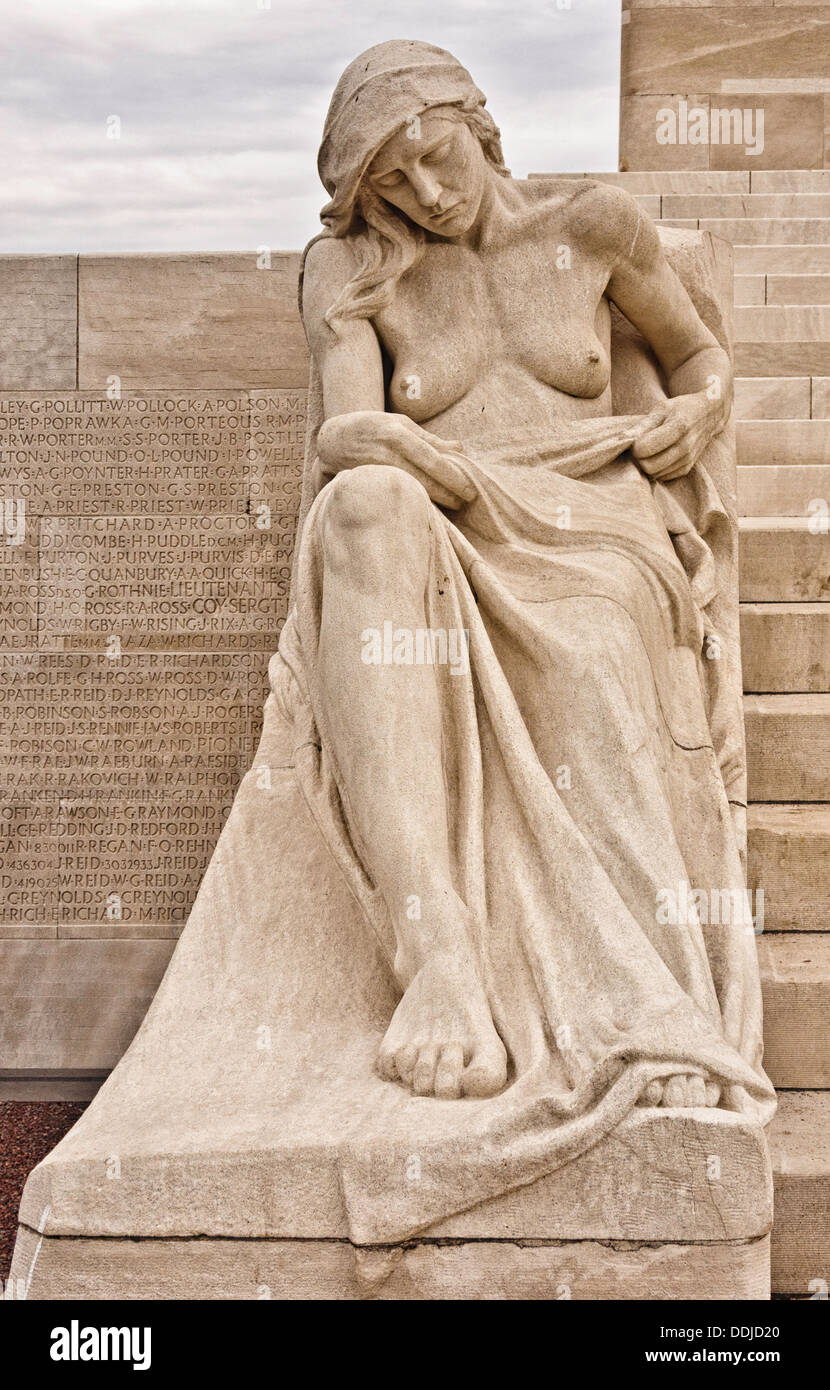 Stone sculpture at Vimy Ridge , Canadian , War Memorial , France Stock