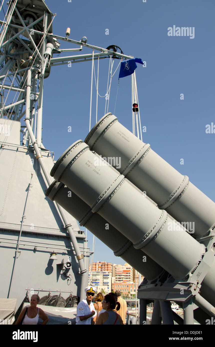 Canister launchers for launching torpedos on board a turkish navy frigate in the port of Malaga, Spain. Stock Photo