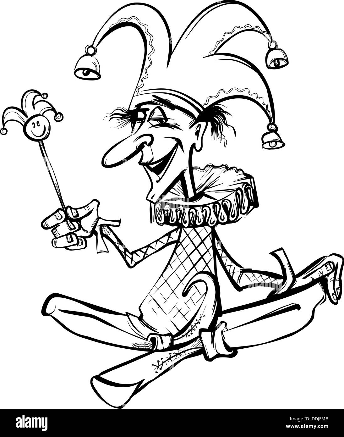 Black and White Cartoon Illustration of Funny Court Jester or Joker Stock Photo