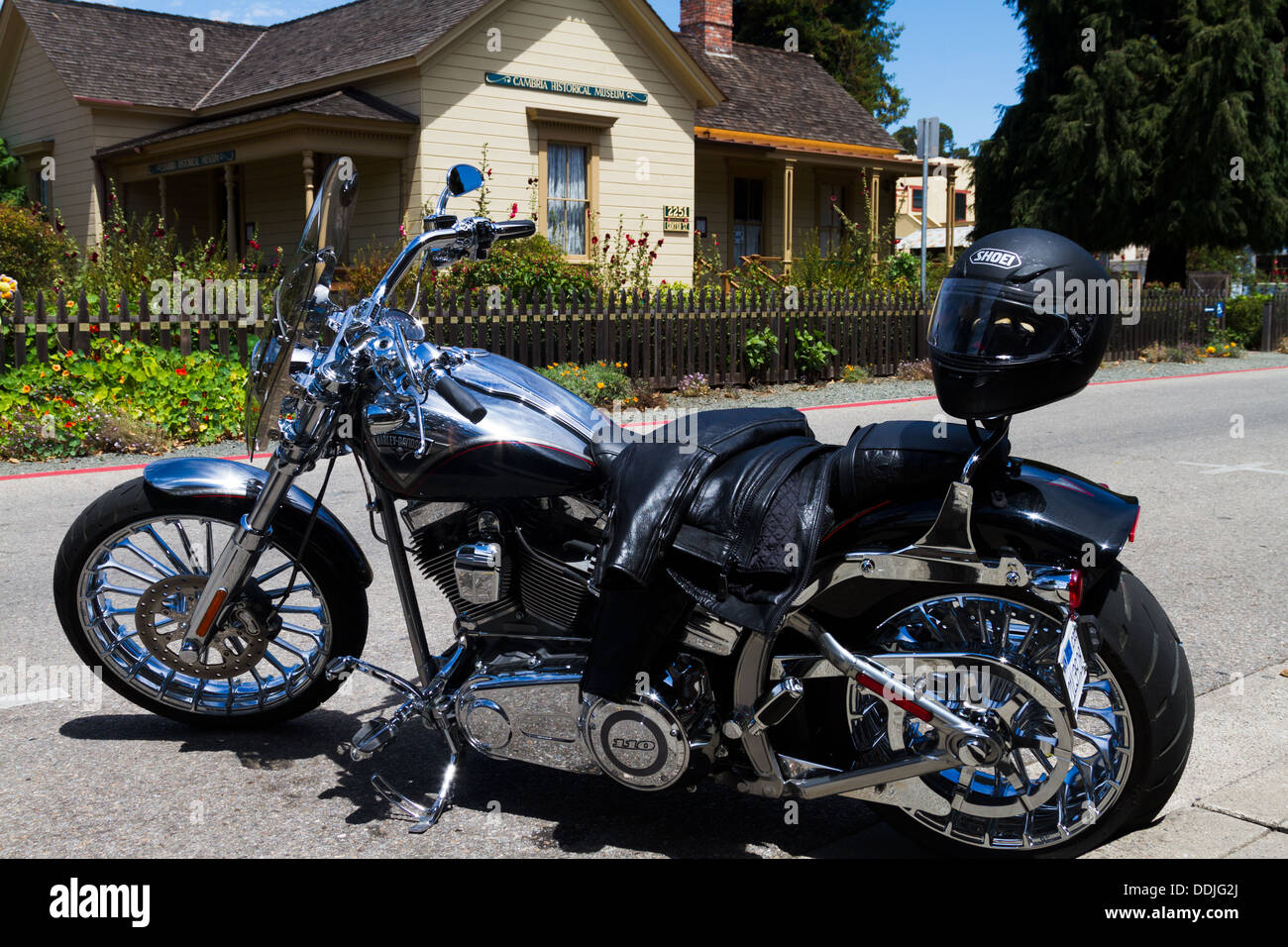Beautiful Harley Davidson Motorcycle Parked On The Street In Front Of The Cambria Historical Museum Stock Photo Alamy