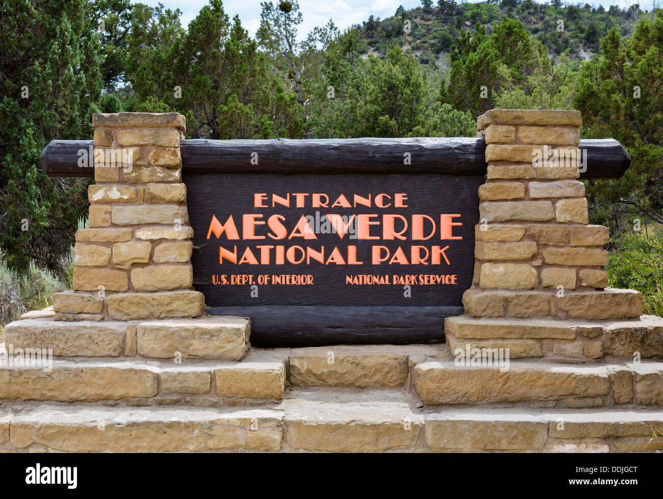 Entrance sign to Mesa Verde National Park, Colorado, USA Stock Photo