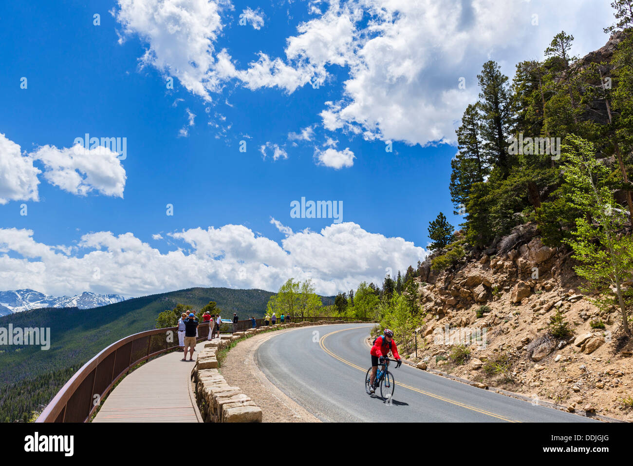 Cyclist on Trail Ridge Road near Many Parks Overlook, Rocky Mountain National Park, Colorado, USA Stock Photo