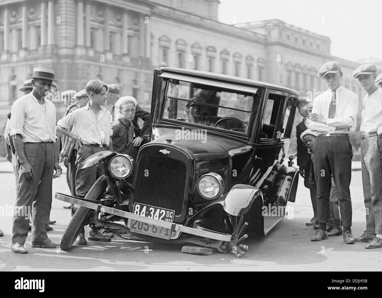WRECKED CAR in unidentified American city in 1923 Stock Photo