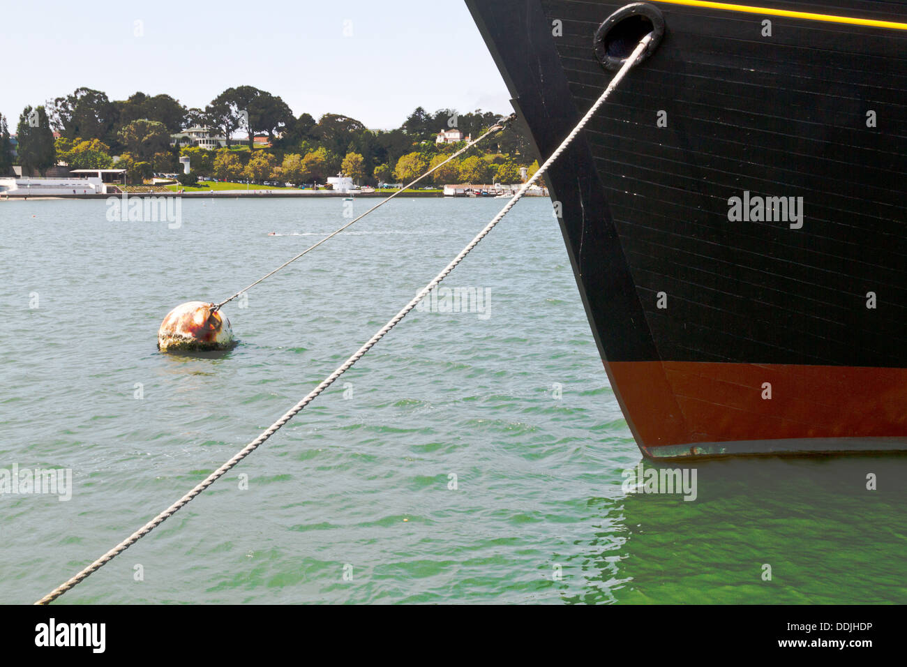 Closeup of the bow of the C. A. Thayer moored in San Francisco Bay at the Hyde Street Pier. Stock Photo